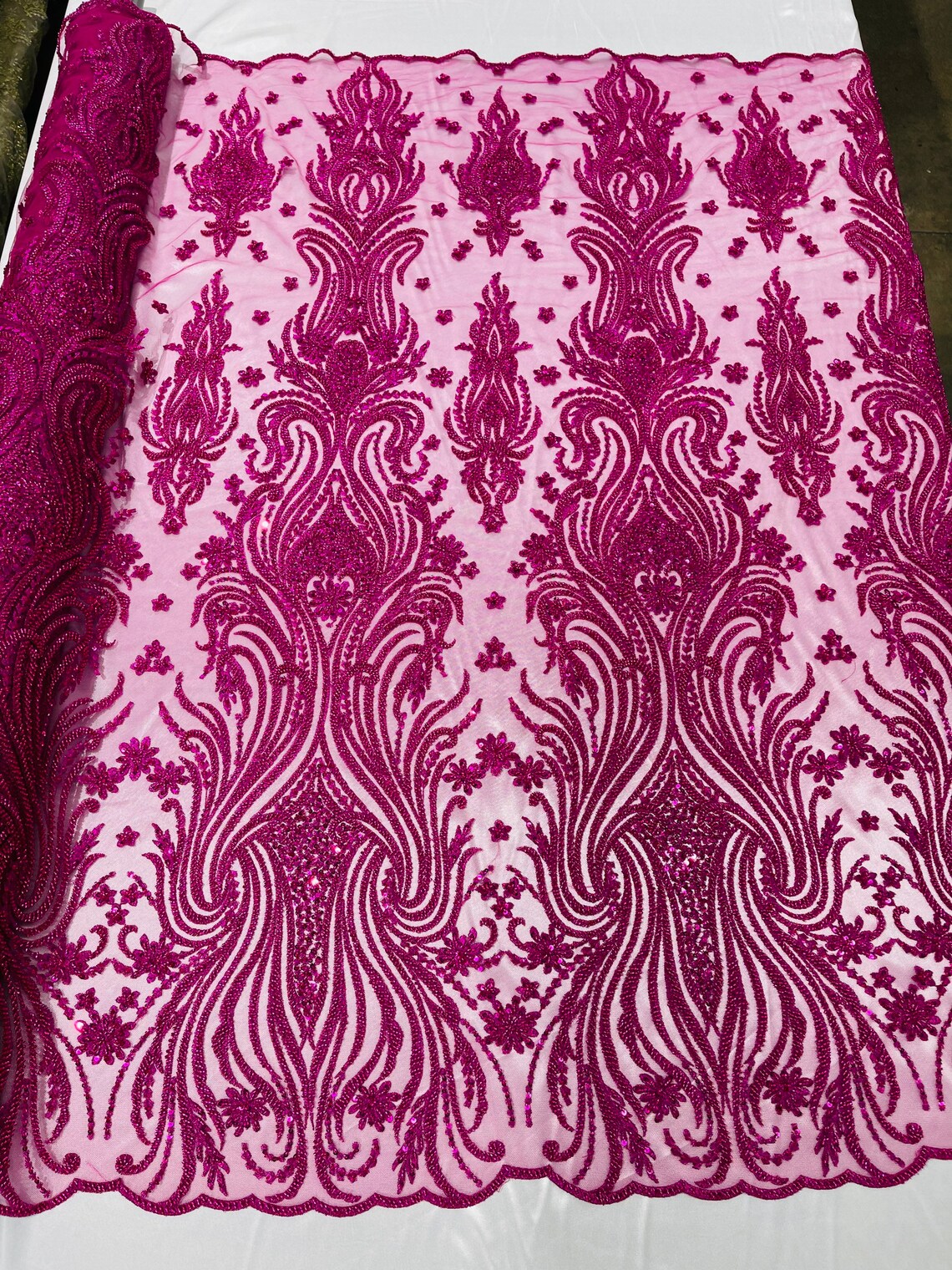 Luxury Bead Design - Magenta - Floral Fabric Embroidered w/ Pearls-Beads on Mesh Lace By Yard