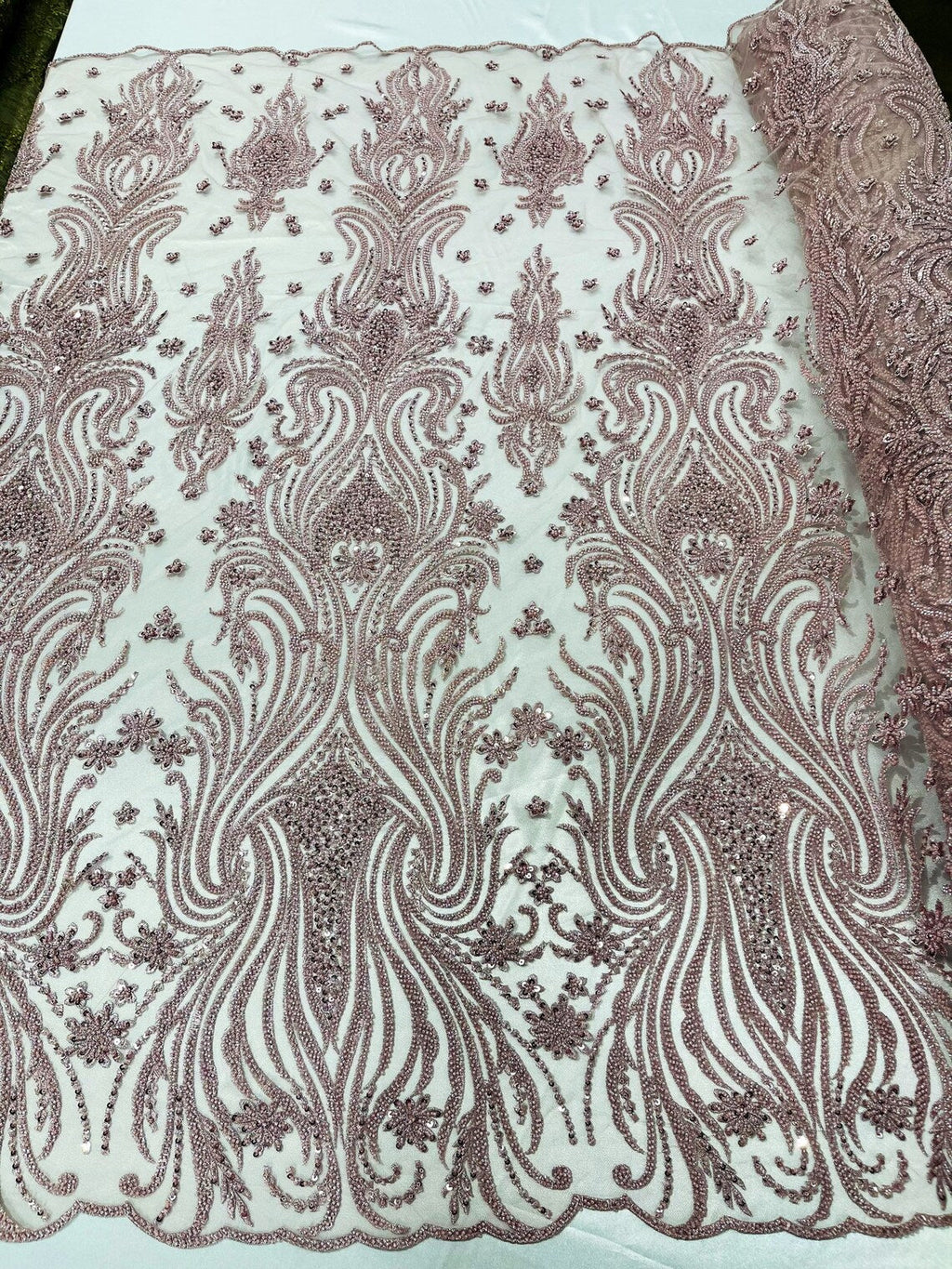 Luxury Bead Design - Rose - Floral Fabric Embroidered w/ Pearls-Beads on Mesh Lace By Yard