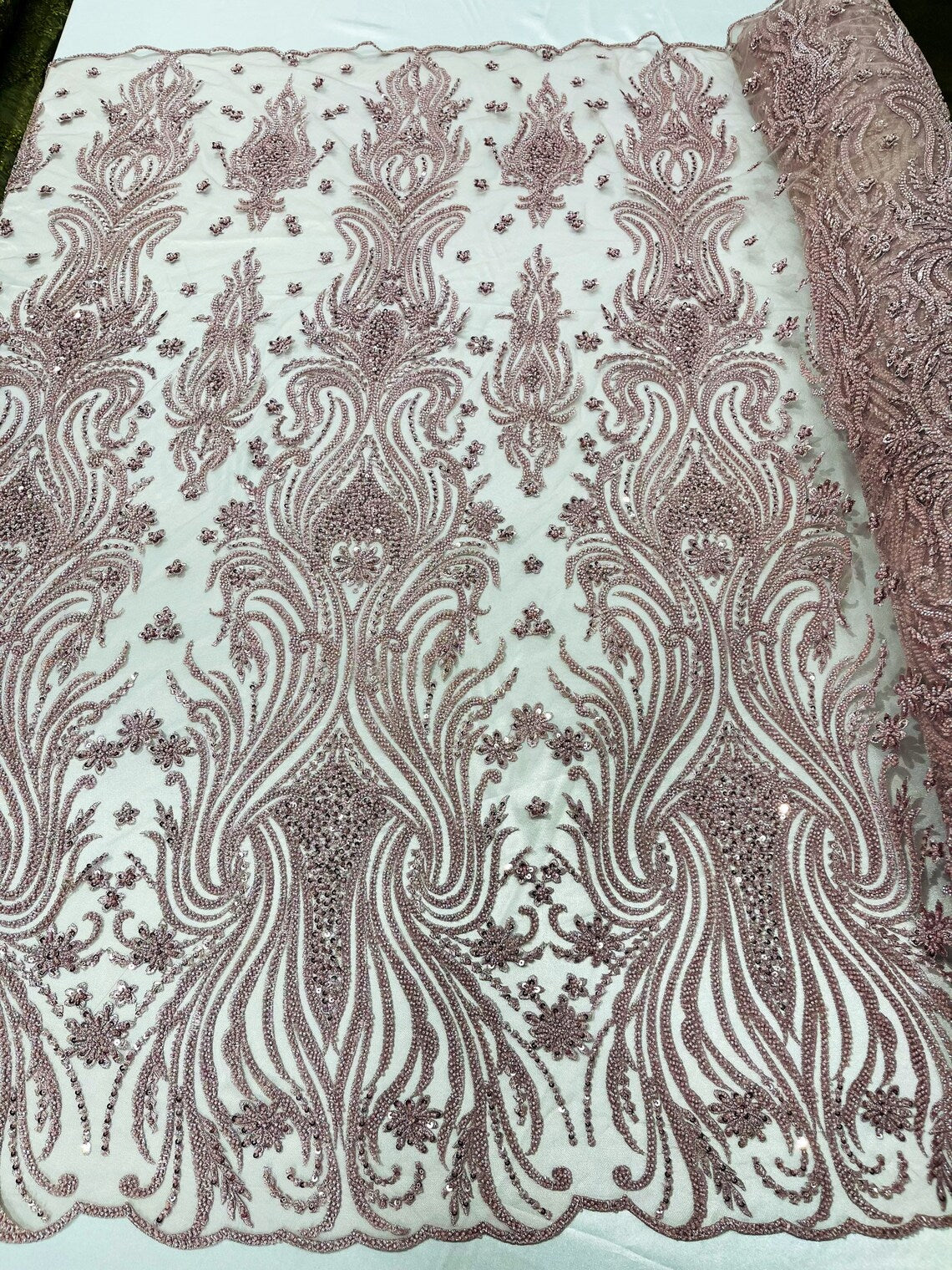 Luxury Bead Design - Rose - Floral Fabric Embroidered w/ Pearls-Beads on Mesh Lace By Yard