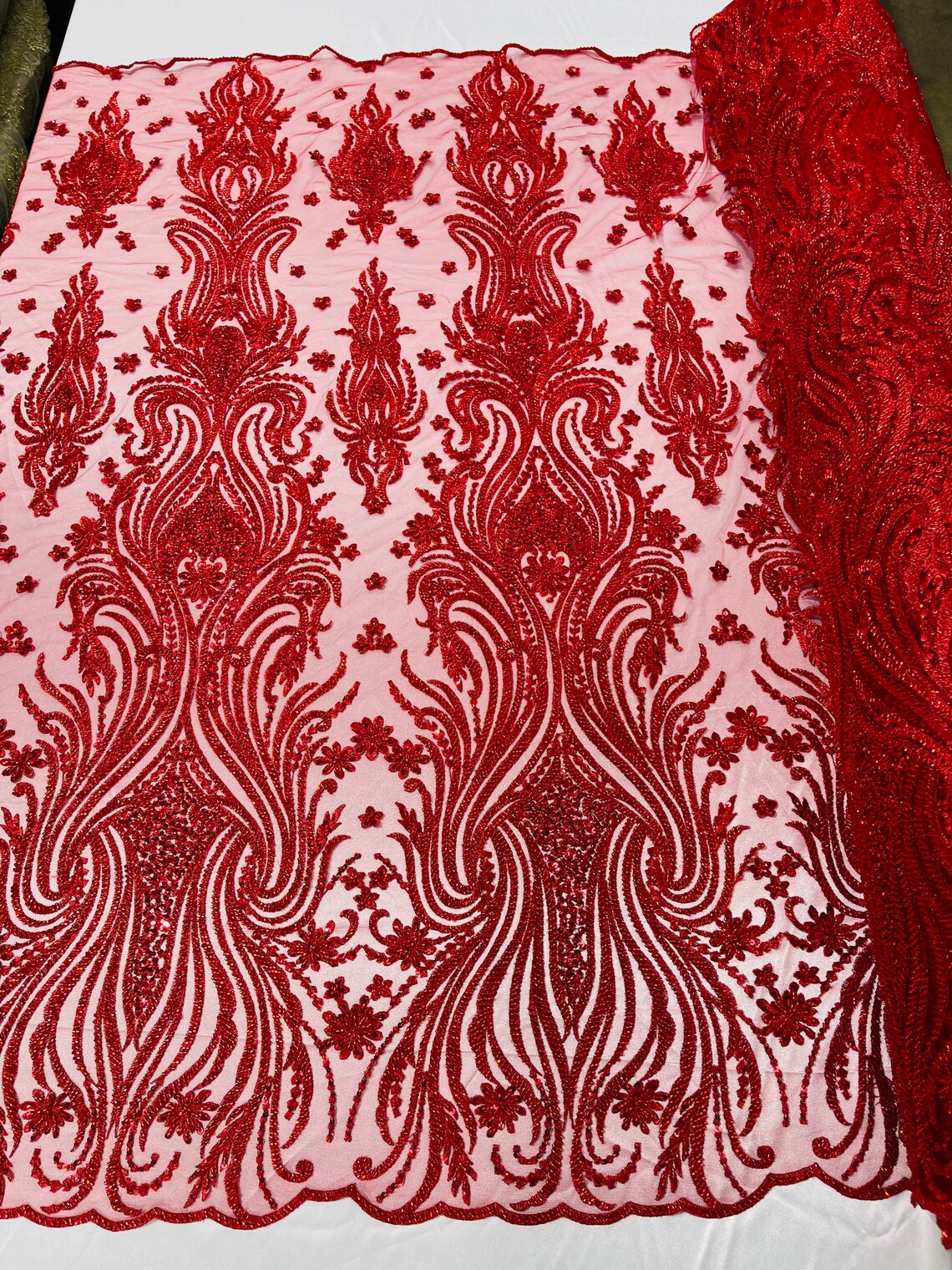 Luxury Bead Design - Red - Floral Fabric Embroidered w/ Pearls-Beads on Mesh Lace By Yard