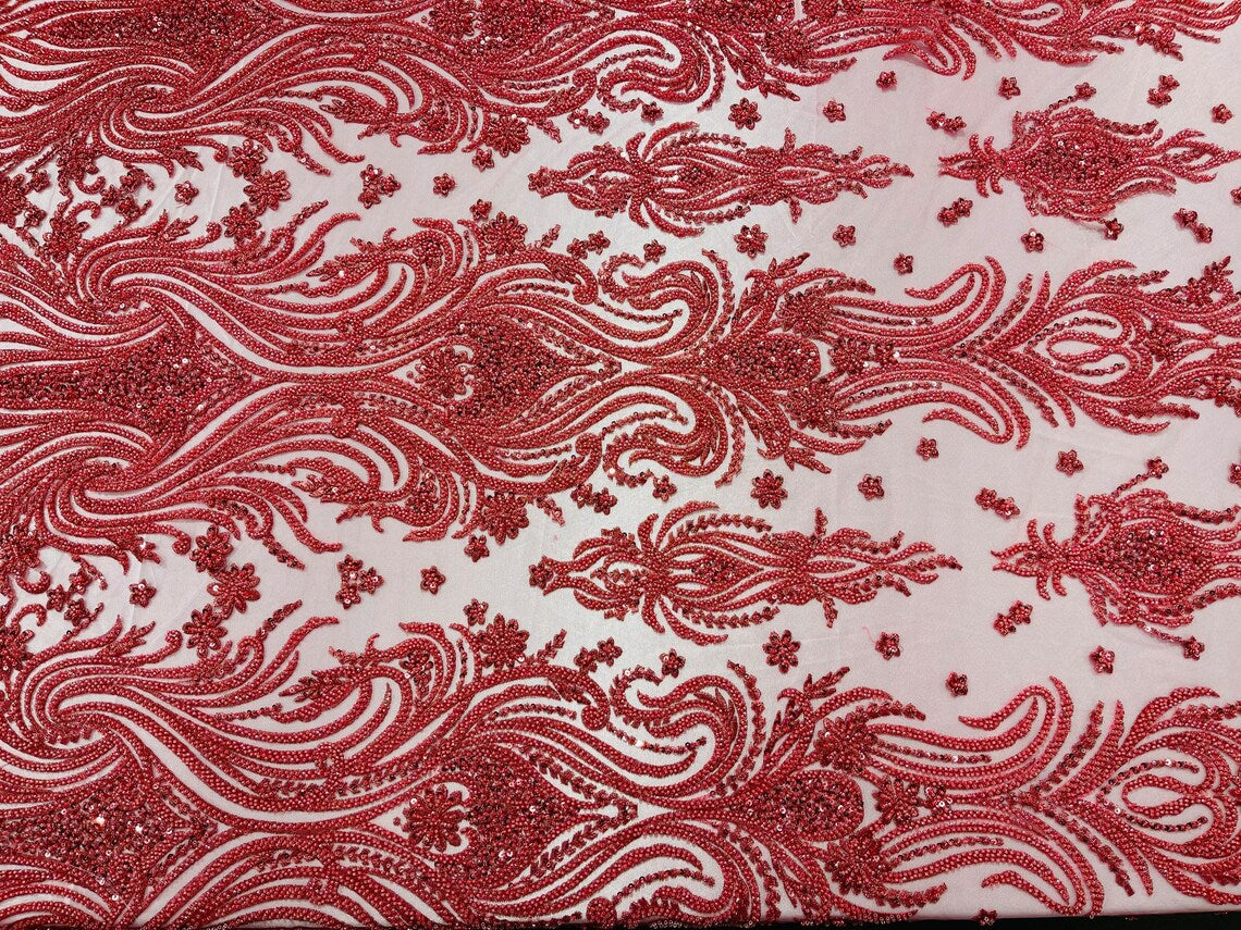 Luxury Bead Design - Coral - Floral Fabric Embroidered w/ Pearls-Beads on Mesh Lace By Yard