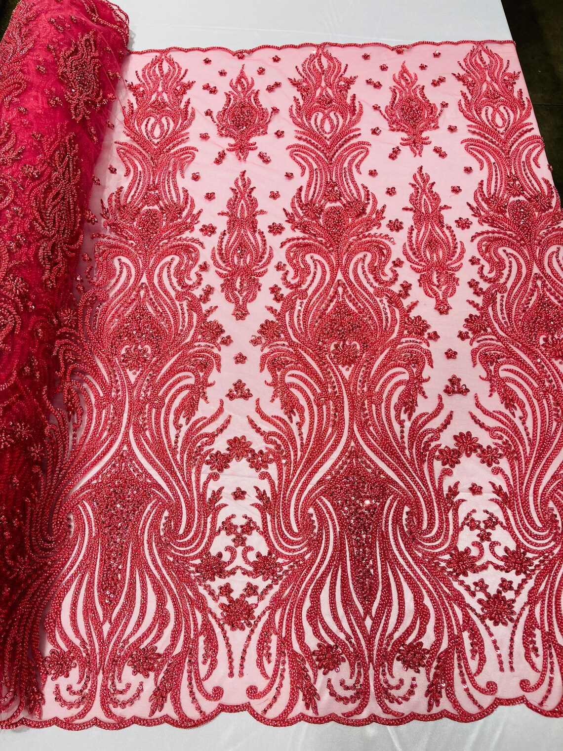 Luxury Bead Design - Coral - Floral Fabric Embroidered w/ Pearls-Beads on Mesh Lace By Yard