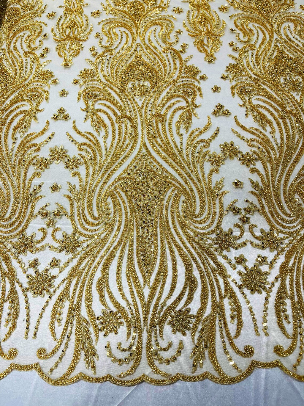 Luxury Bead Design - Gold - Floral Fabric Embroidered w/ Pearls-Beads on Mesh Lace By Yard