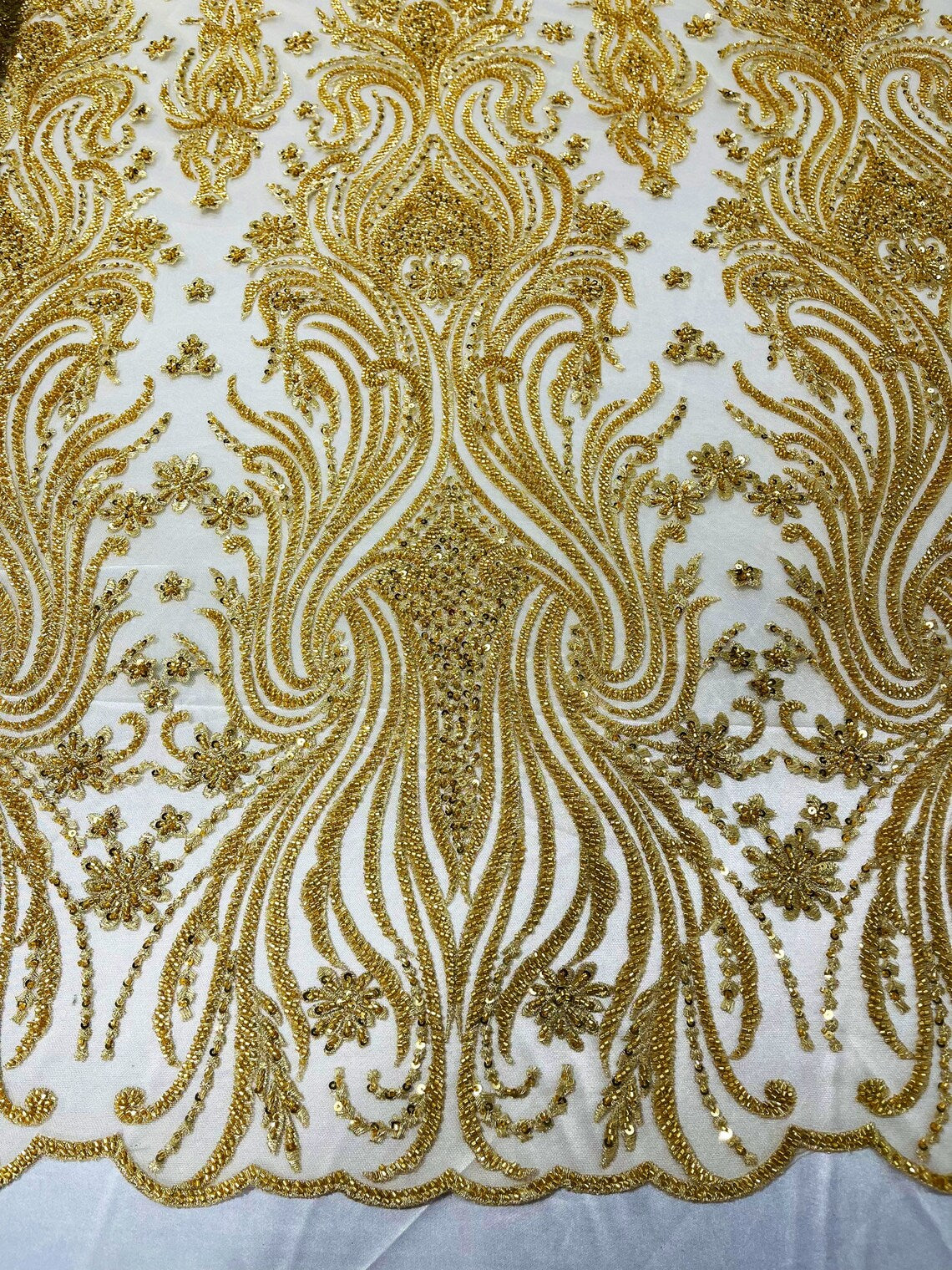 Luxury Bead Design - Gold - Floral Fabric Embroidered w/ Pearls-Beads on Mesh Lace By Yard