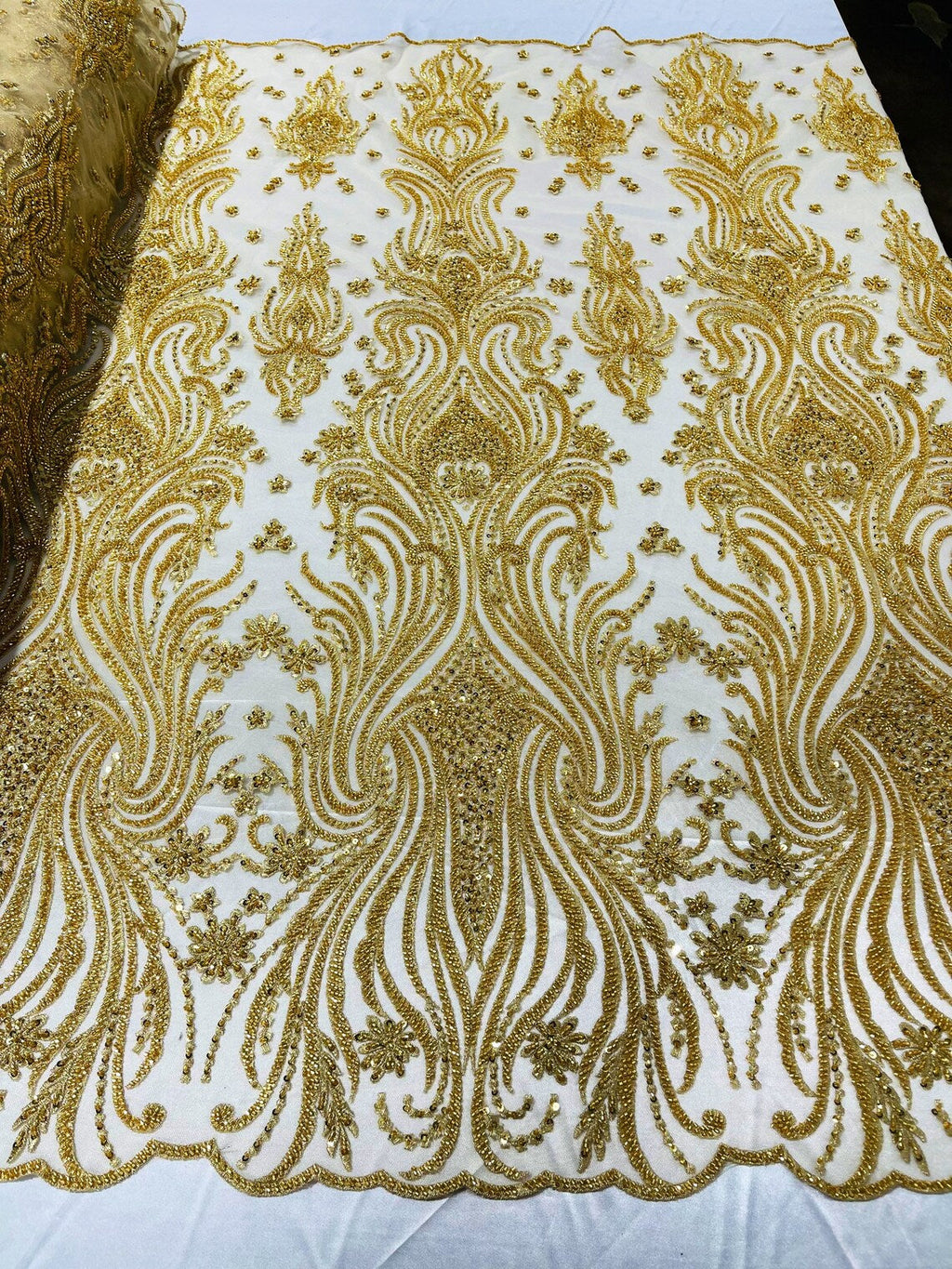 Luxury Bead Design - Gold - Floral Fabric Embroidered w/ Pearls-Beads on Mesh Lace By Yard