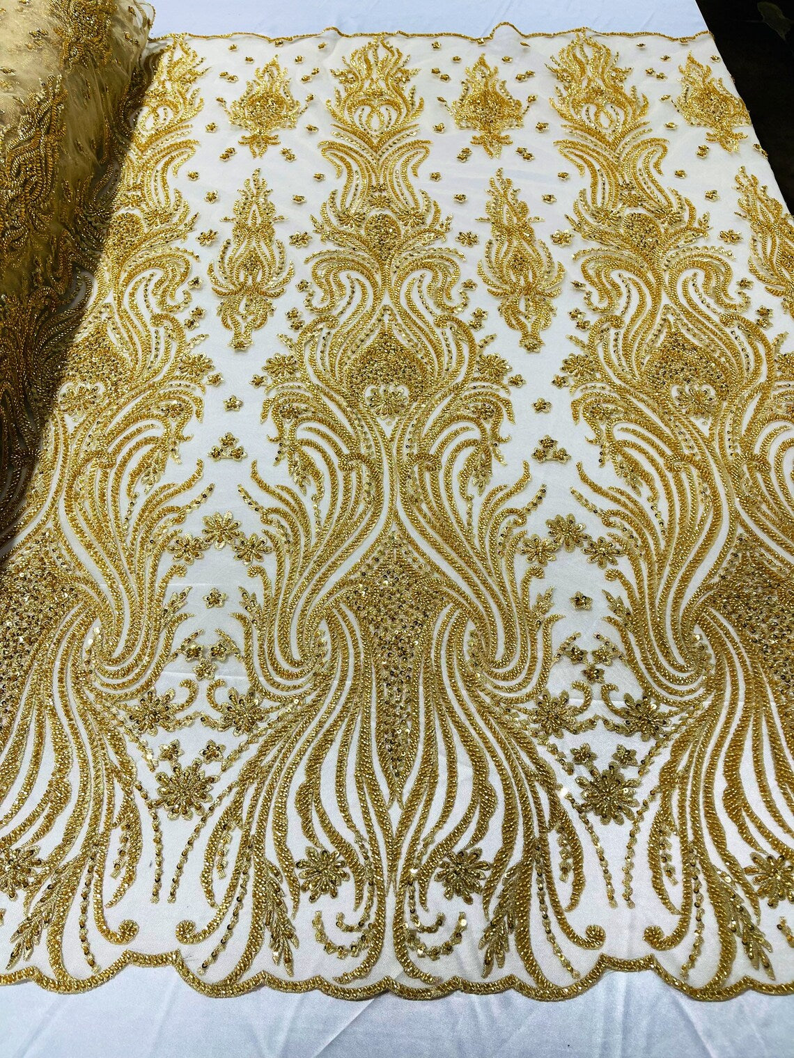 Luxury Bead Design - Gold - Floral Fabric Embroidered w/ Pearls-Beads on Mesh Lace By Yard