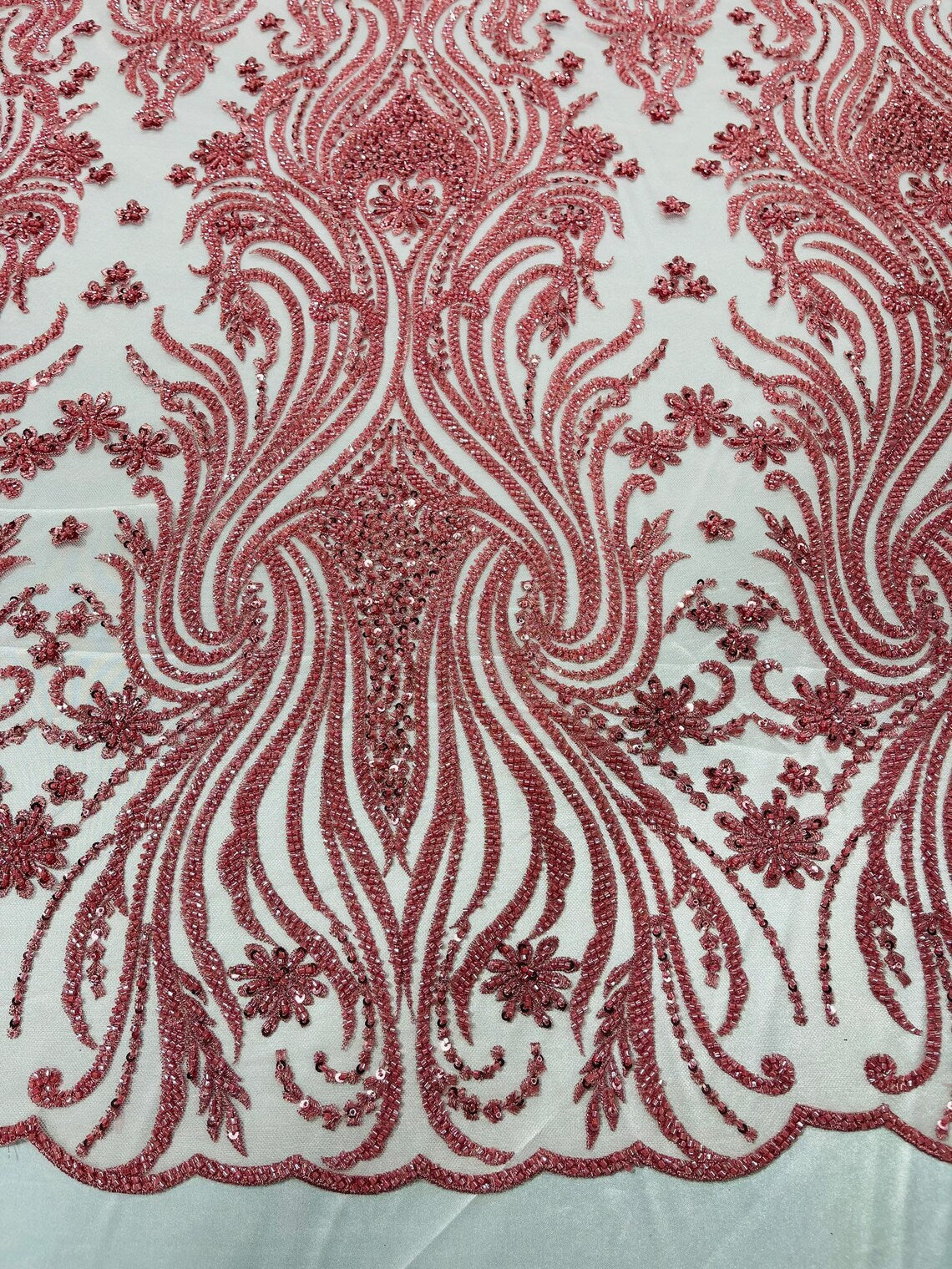 Luxury Bead Design - Dusty Rose - Floral Fabric Embroidered w/ Pearls-Beads on Mesh Lace By Yard