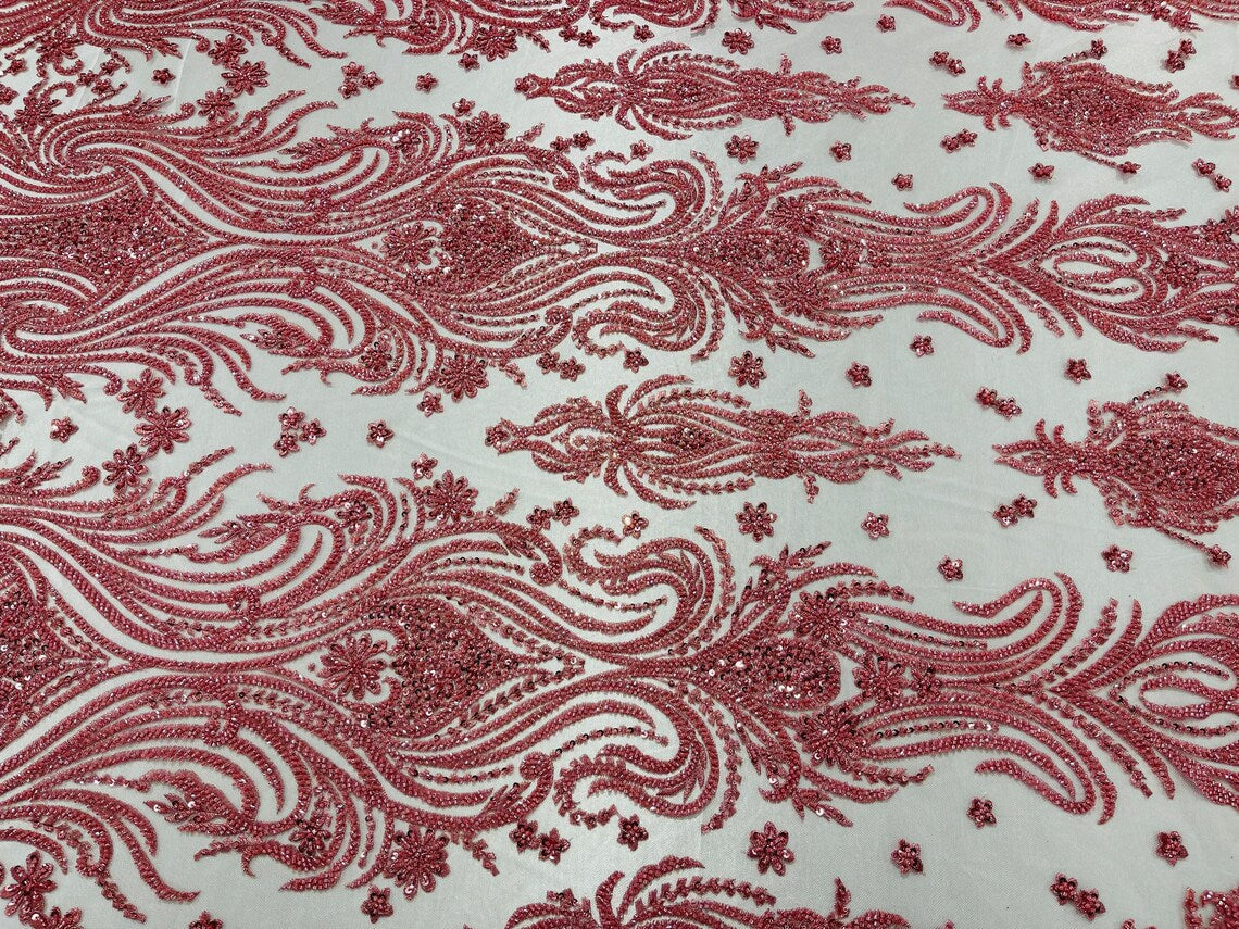 Luxury Bead Design - Dusty Rose - Floral Fabric Embroidered w/ Pearls-Beads on Mesh Lace By Yard
