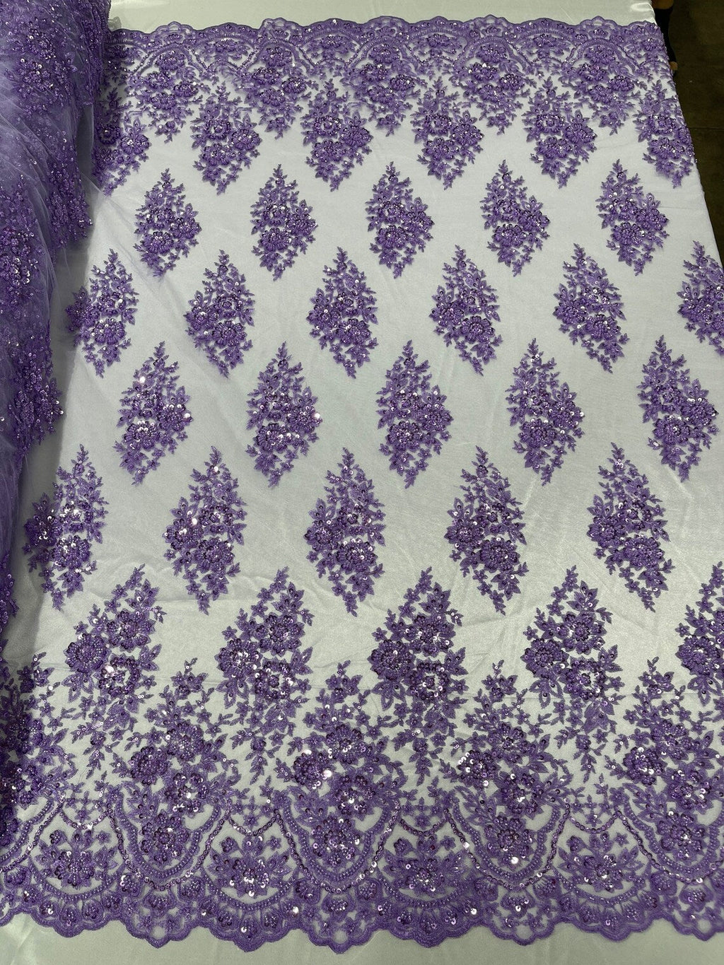 Floral Cluster Bead Fabric - Purple - Sold By The Yard - Embroidered Flower Beaded Fabric