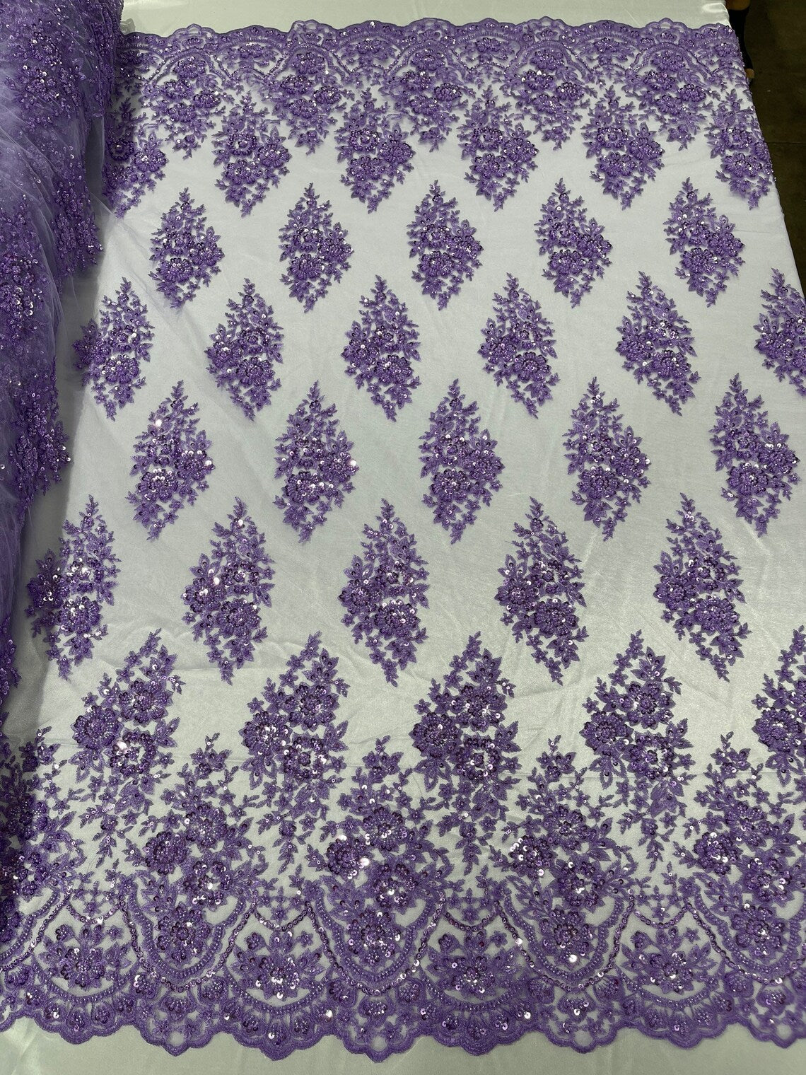 Floral Cluster Bead Fabric - Purple - Sold By The Yard - Embroidered Flower Beaded Fabric