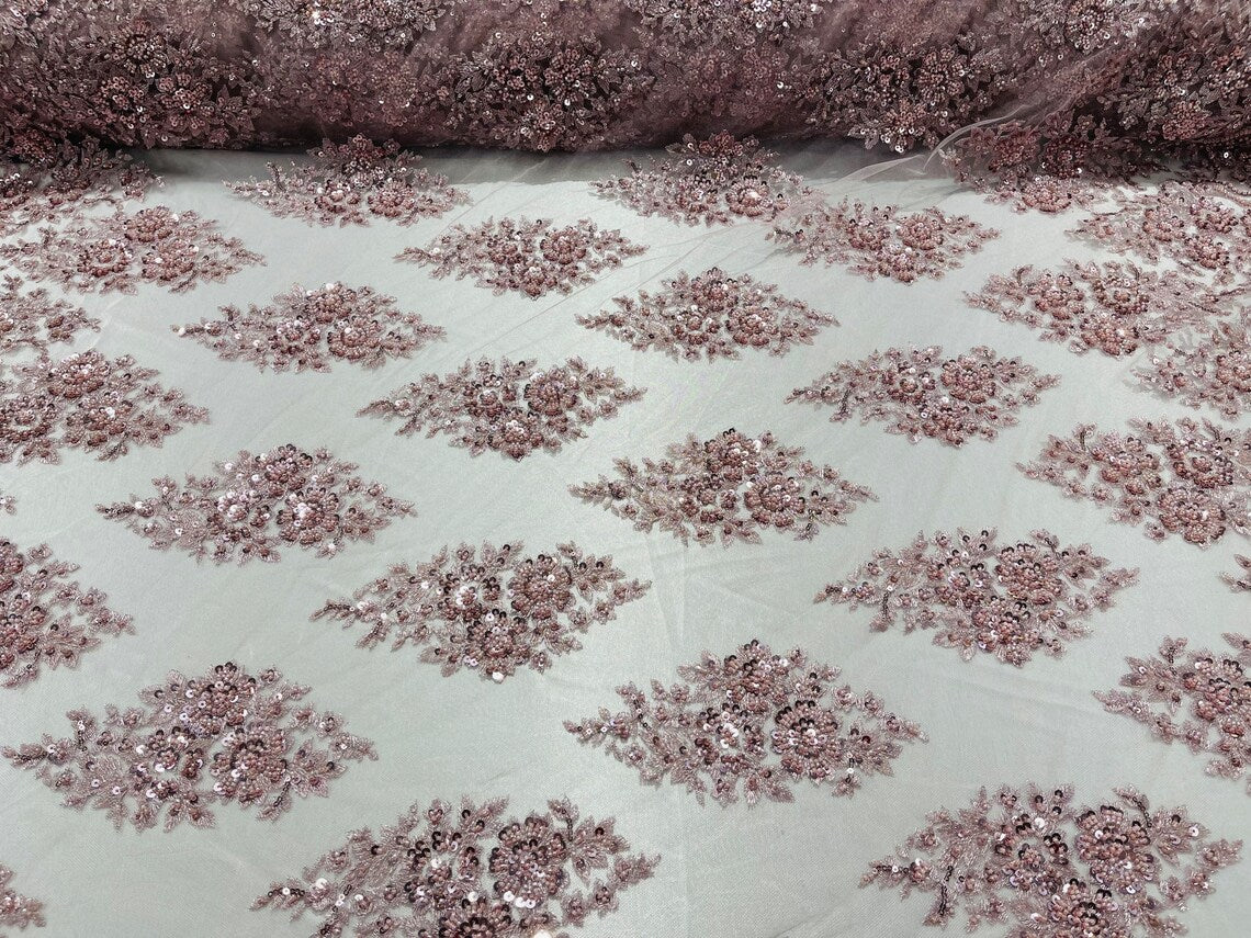 Floral Cluster Bead Fabric - Rose - Sold By The Yard - Embroidered Flower Beaded Fabric