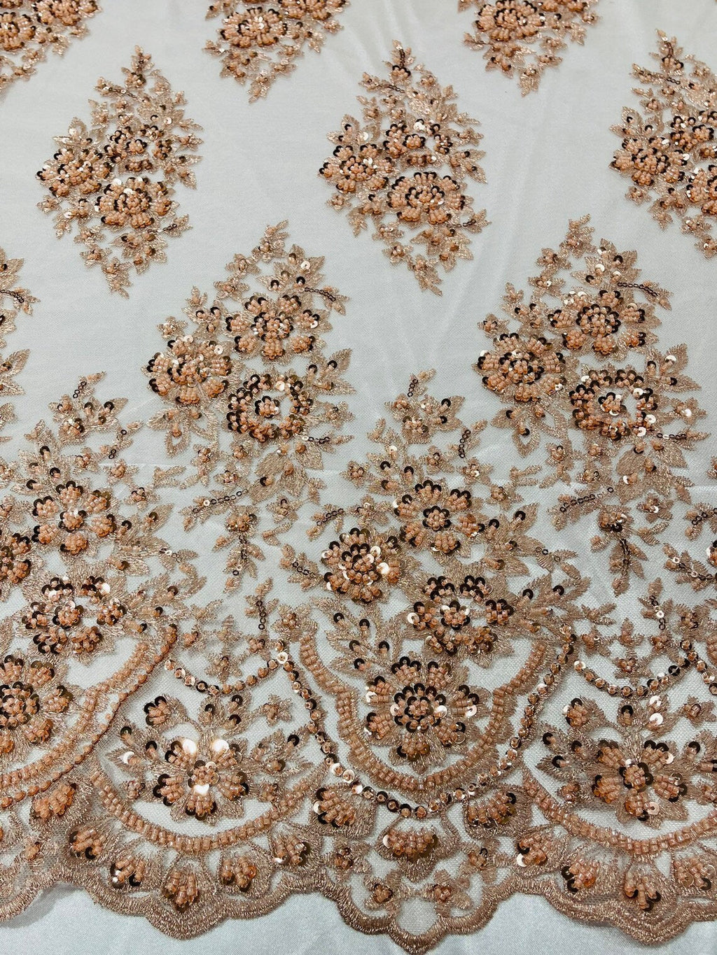 Floral Cluster Bead Fabric - Blush Peach - Sold By The Yard - Embroidered Flower Beaded Fabric