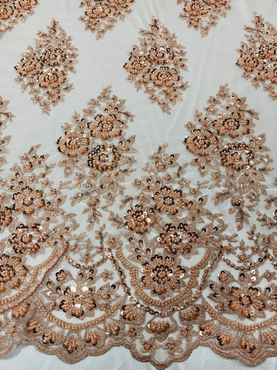 Floral Cluster Bead Fabric - Blush Peach - Sold By The Yard - Embroidered Flower Beaded Fabric