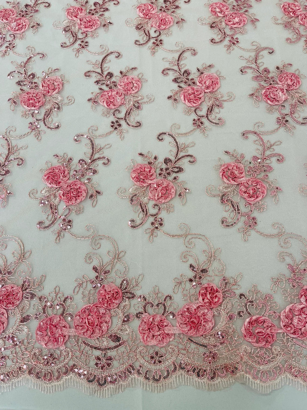 Flower Lace Fabric - Light Pink - Embroidered Flower With Sequins on a Mesh Lace Fabric By Yard