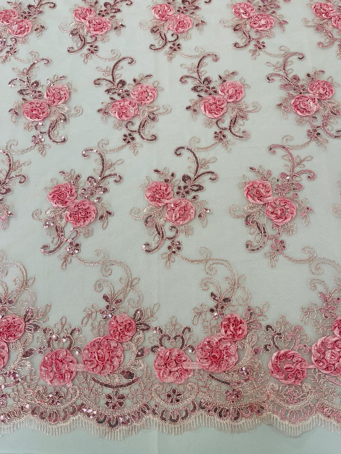 Flower Lace Fabric - Light Pink - Embroidered Flower With Sequins on a Mesh Lace Fabric By Yard