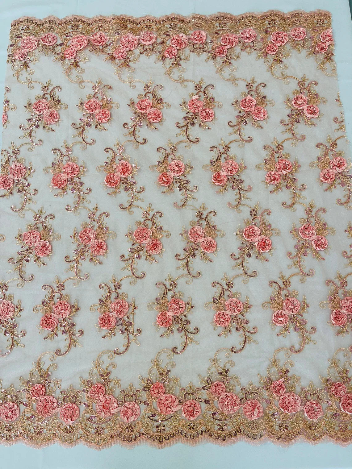 Flower Lace Fabric - Coral Pink - Embroidered Flower With Sequins on a Mesh Lace Fabric By Yard