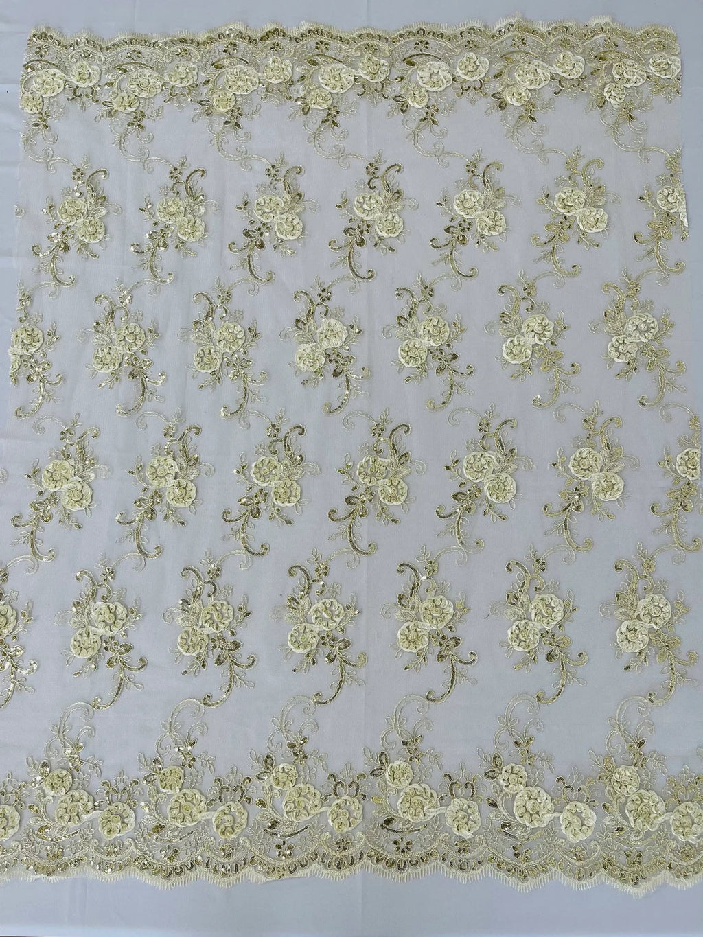 Flower Lace Fabric - Ivory - Embroidered Roses With Sequins on a Mesh Lace Fabric By Yard