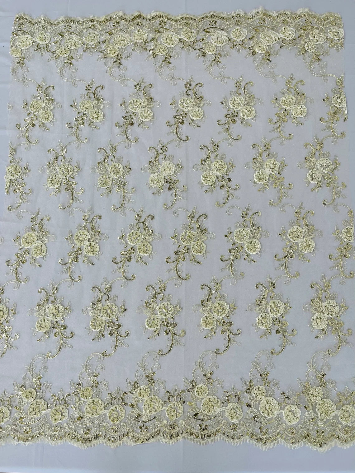 Flower Lace Fabric - Ivory - Embroidered Roses With Sequins on a Mesh Lace Fabric By Yard