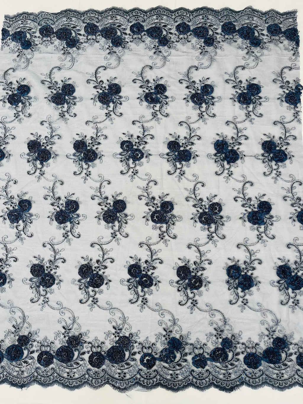 Flower Lace Fabric - Navy Blue - Embroidered Flower With Sequins on a Mesh Lace Fabric By Yard