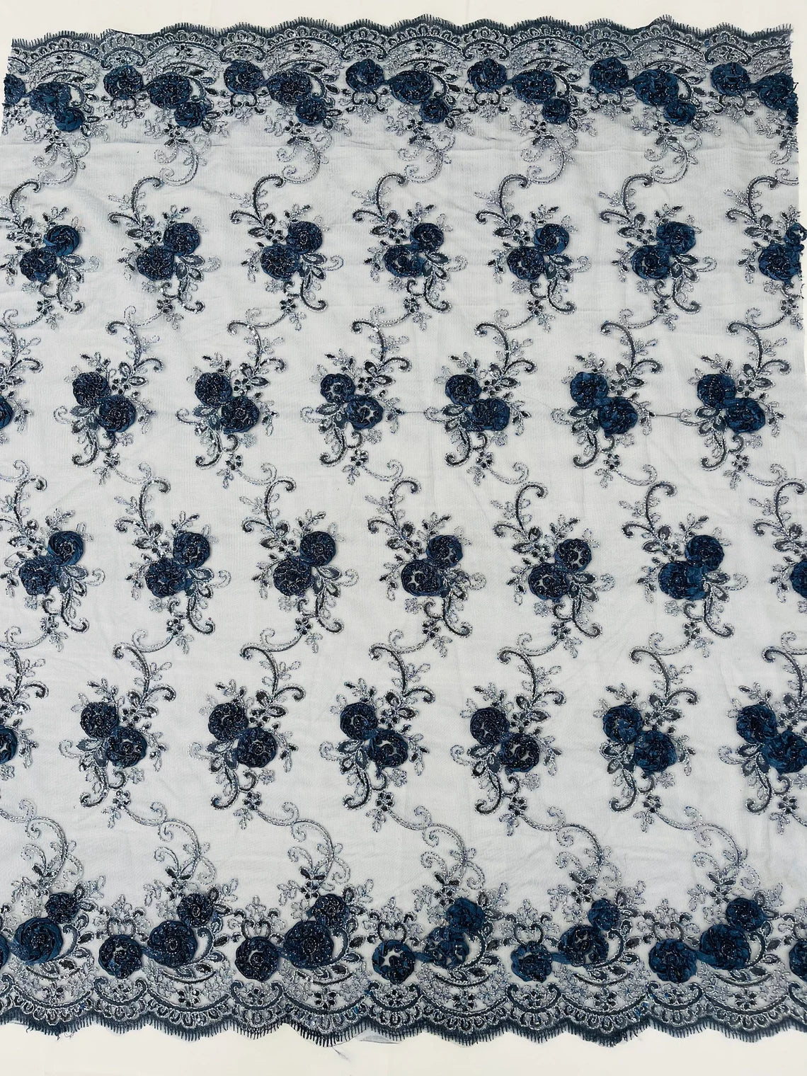Flower Lace Fabric - Navy Blue - Embroidered Flower With Sequins on a Mesh Lace Fabric By Yard