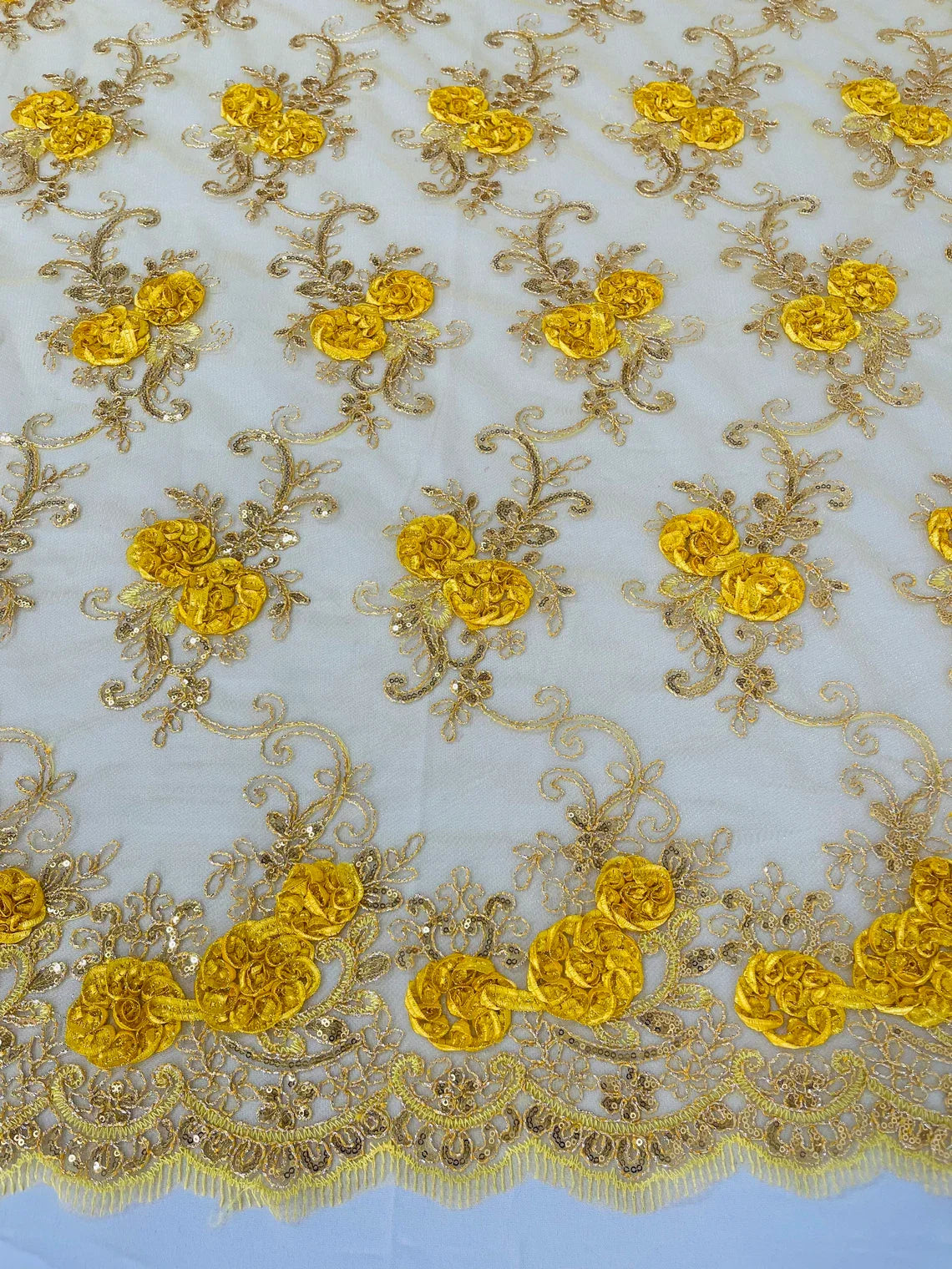 Flower Lace Fabric - Yellow Gold - Embroidered Roses With Sequins on a Mesh Lace Fabric By Yard