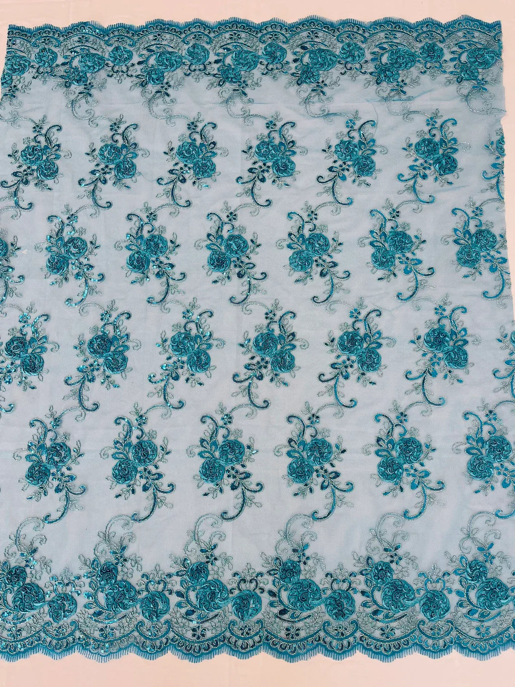 Flower Lace Fabric - Teal - Embroidered Roses With Sequins on a Mesh Lace Fabric By Yard