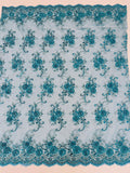 Flower Lace Fabric - Teal - Embroidered Roses With Sequins on a Mesh Lace Fabric By Yard