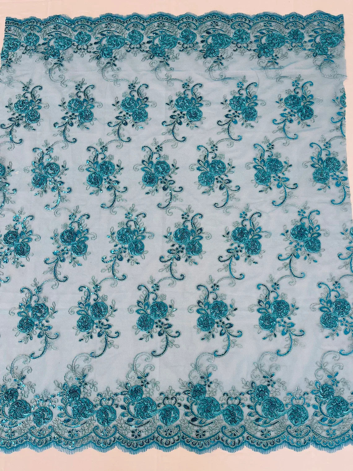 Flower Lace Fabric - Teal - Embroidered Roses With Sequins on a Mesh Lace Fabric By Yard