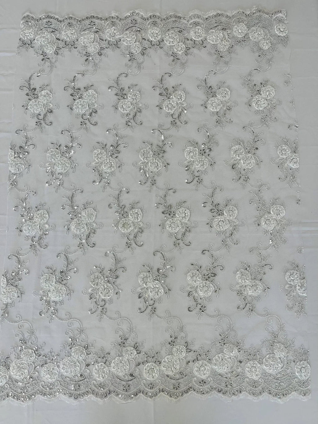 Flower Lace Fabric - White - Embroidered Roses With Sequins on a Mesh Lace Fabric By Yard