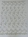 Flower Lace Fabric - White - Embroidered Roses With Sequins on a Mesh Lace Fabric By Yard