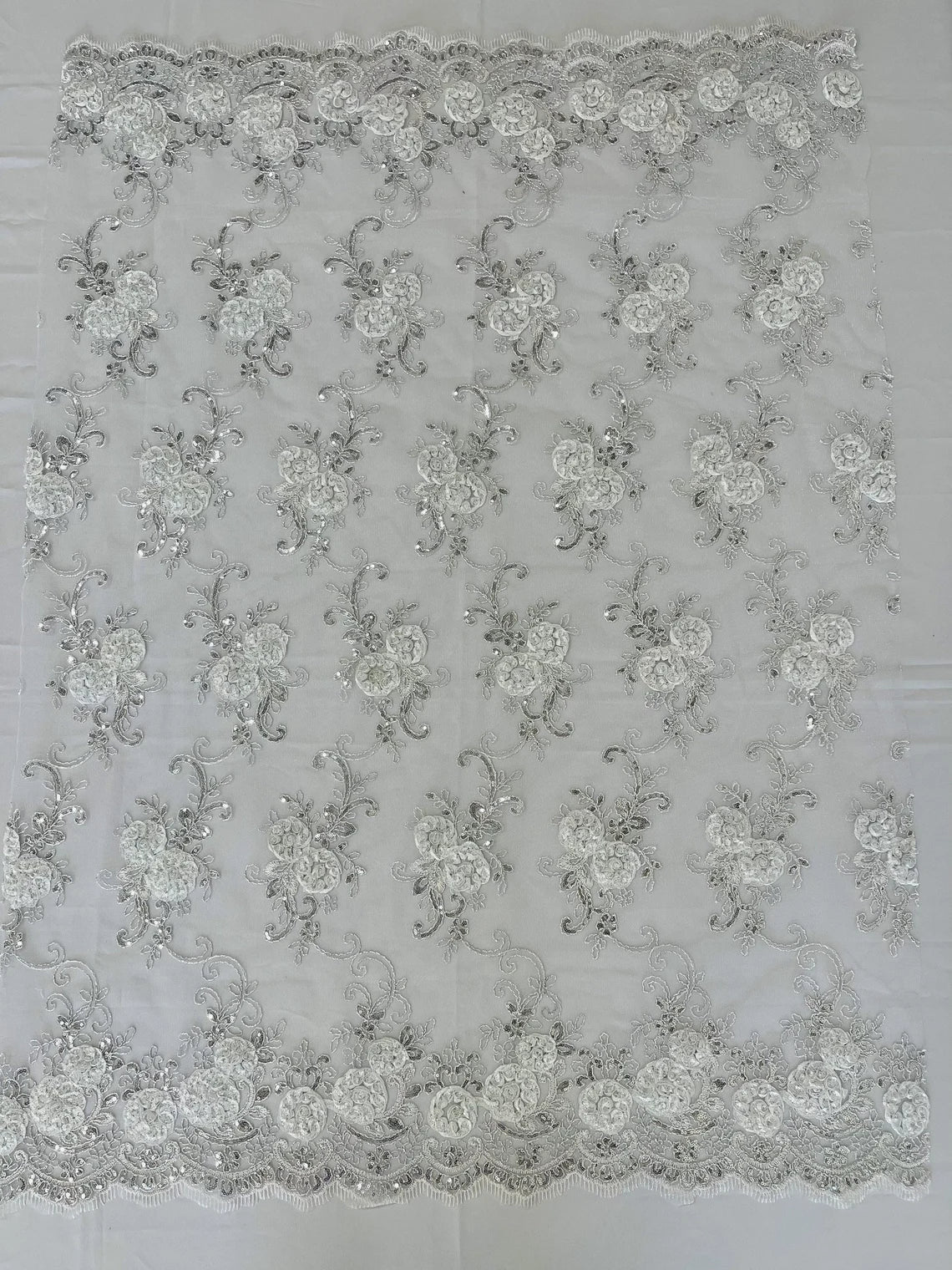 Flower Lace Fabric - White - Embroidered Roses With Sequins on a Mesh Lace Fabric By Yard