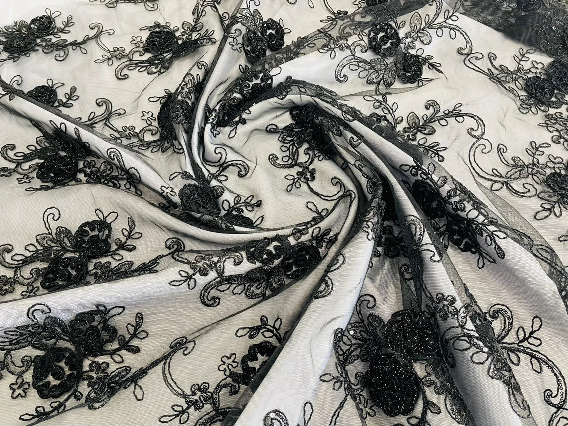 Flower Lace Fabric - Black - Embroidered Roses With Sequins on a Mesh Lace Fabric By Yard