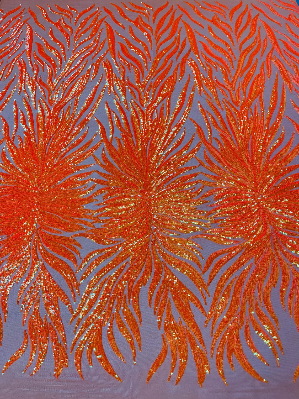 Angel Wing Sequin Design - Orange - Wing Patterns Embroidered with Sequins on Orange Mesh By Yard
