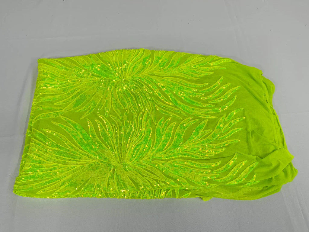Angel Wing Sequin Design - Lime Green - Wing Patterns Embroidered with Sequins on Mesh Sold By Yard