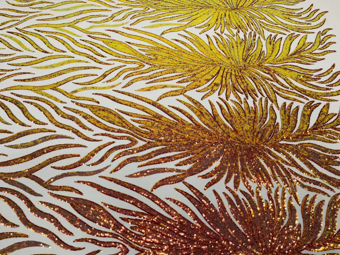 Angel Wing Sequin Design - Iridescent Orange - Wing Patterns Embroidered with Sequins on Mesh Sold By Yard