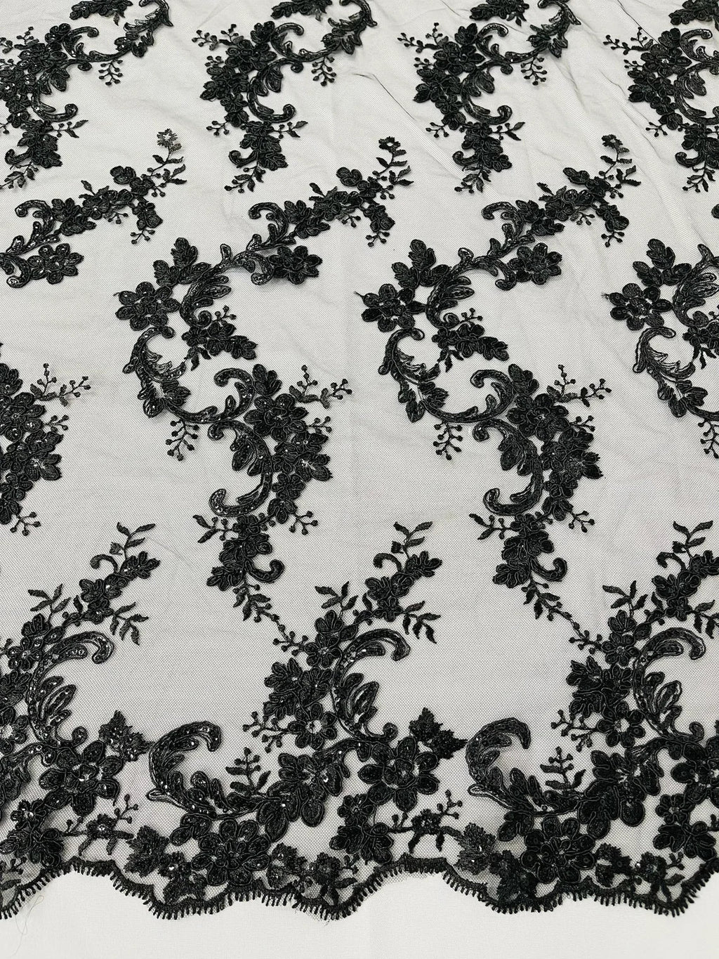 Floral Lace Fabric - White - Embroidered Flower Clusters with Sequins on a Mesh Lace By Yard