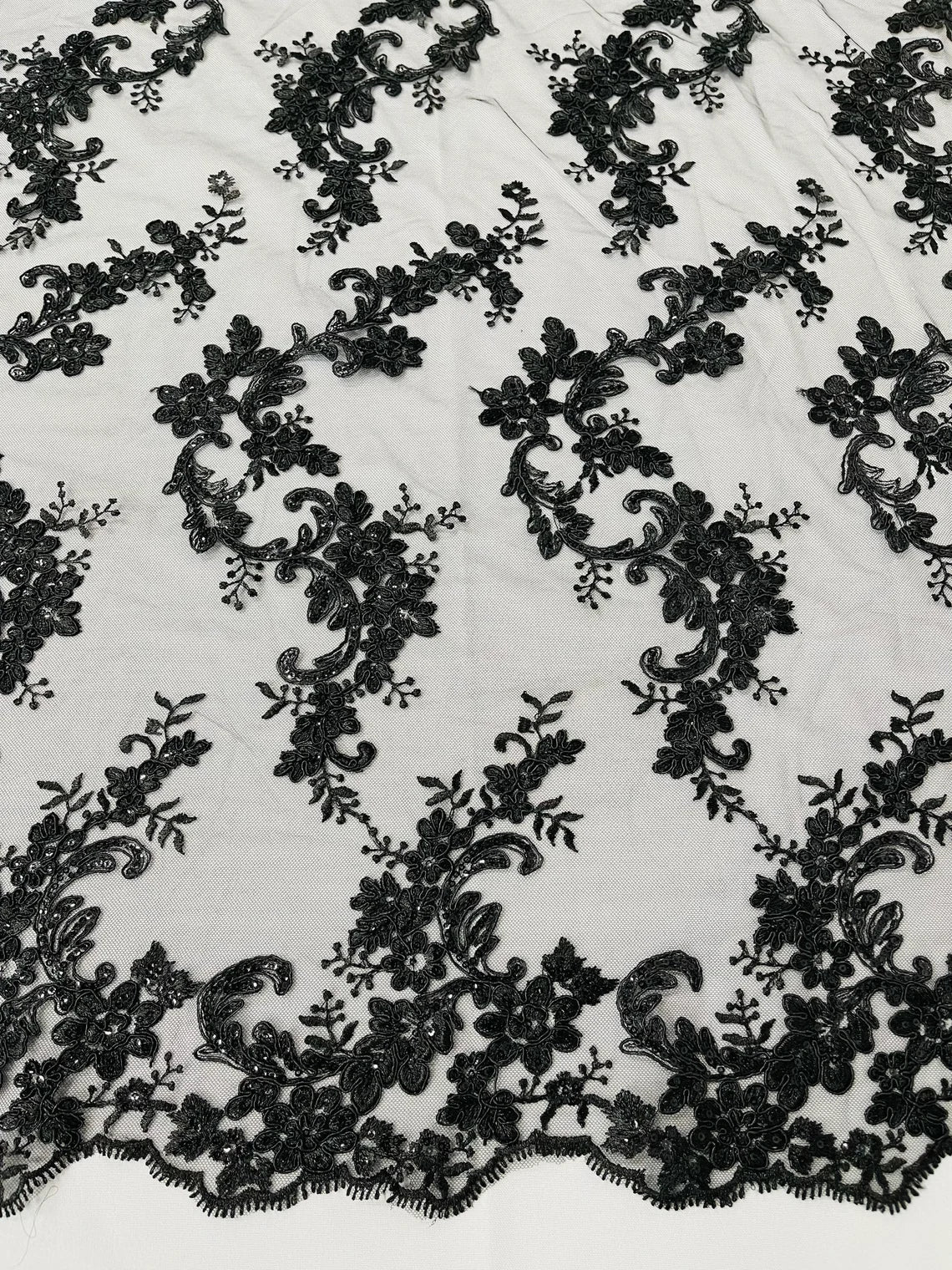 Floral Lace Fabric - White - Embroidered Flower Clusters with Sequins on a Mesh Lace By Yard