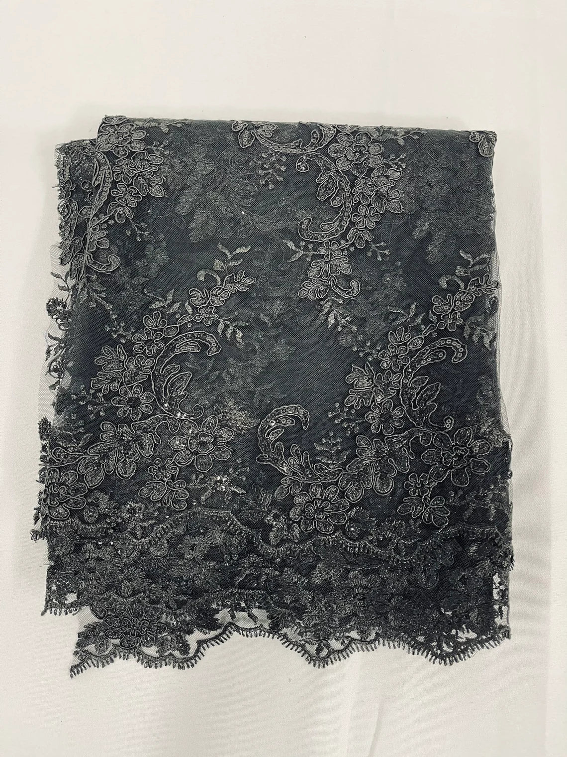 Floral Lace Fabric - White - Embroidered Flower Clusters with Sequins on a Mesh Lace By Yard