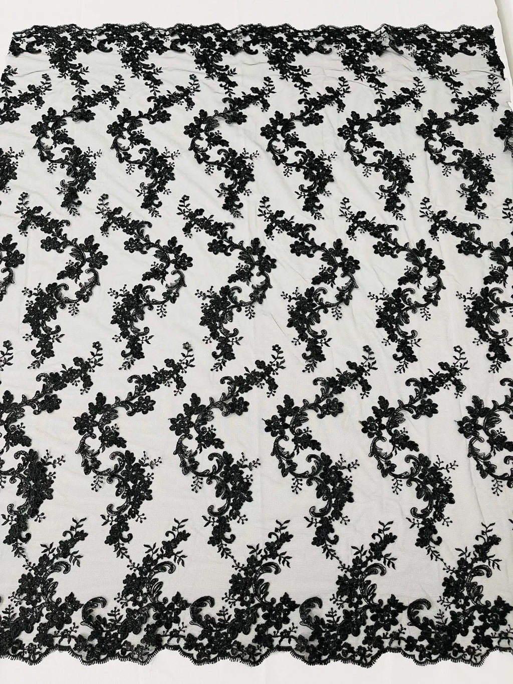 Floral Lace Fabric - White - Embroidered Flower Clusters with Sequins on a Mesh Lace By Yard