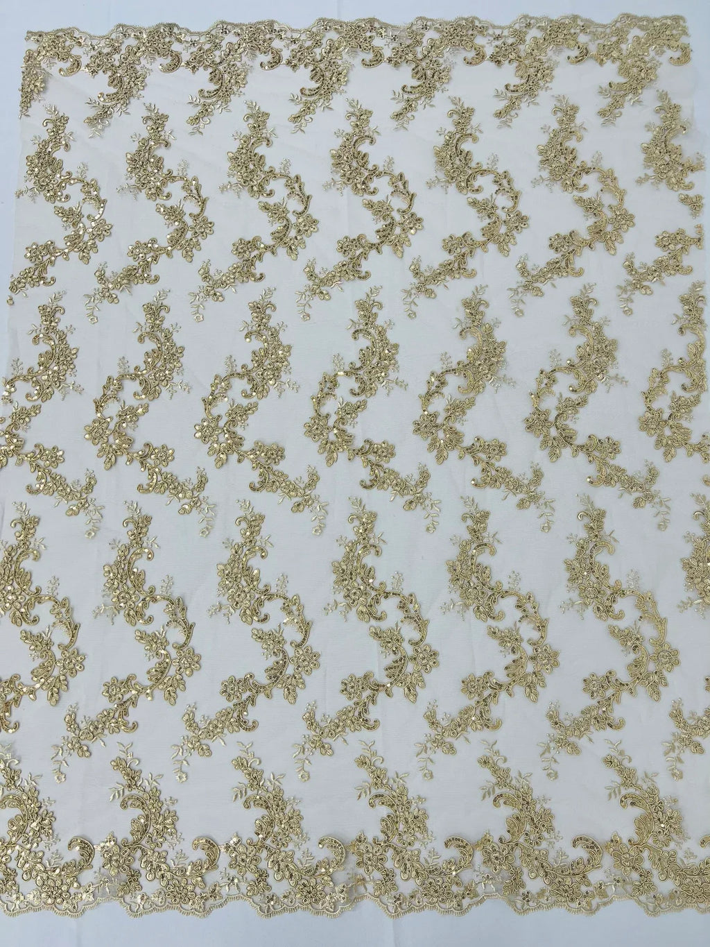 Floral Lace Fabric - Champagne - Embroidered Flower Clusters with Sequins on a Mesh Lace By Yard