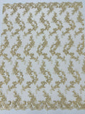 Floral Lace Fabric - Champagne - Embroidered Flower Clusters with Sequins on a Mesh Lace By Yard