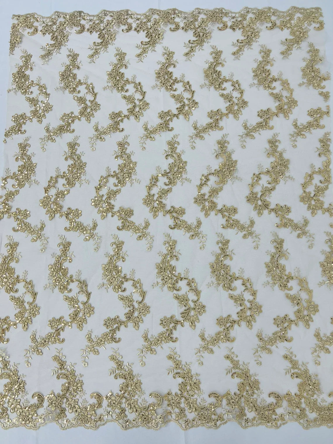 Floral Lace Fabric - Champagne - Embroidered Flower Clusters with Sequins on a Mesh Lace By Yard