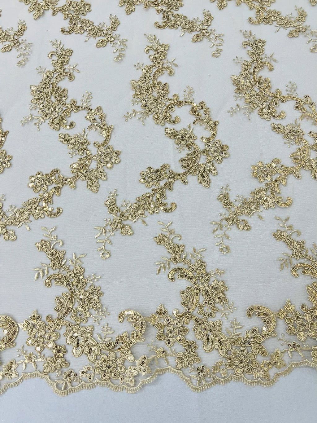 Floral Lace Fabric - Champagne - Embroidered Flower Clusters with Sequins on a Mesh Lace By Yard