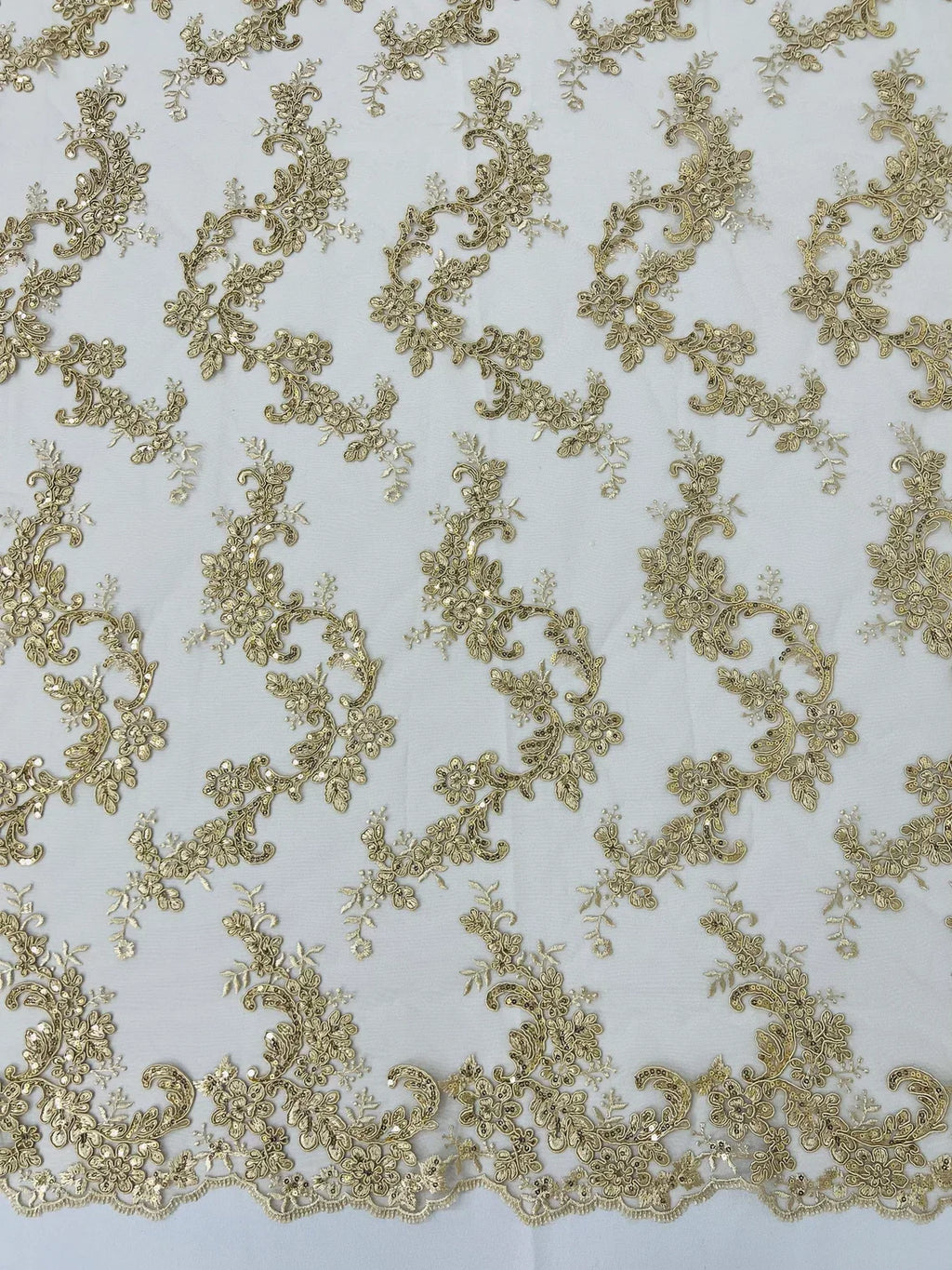 Floral Lace Fabric - Champagne - Embroidered Flower Clusters with Sequins on a Mesh Lace By Yard