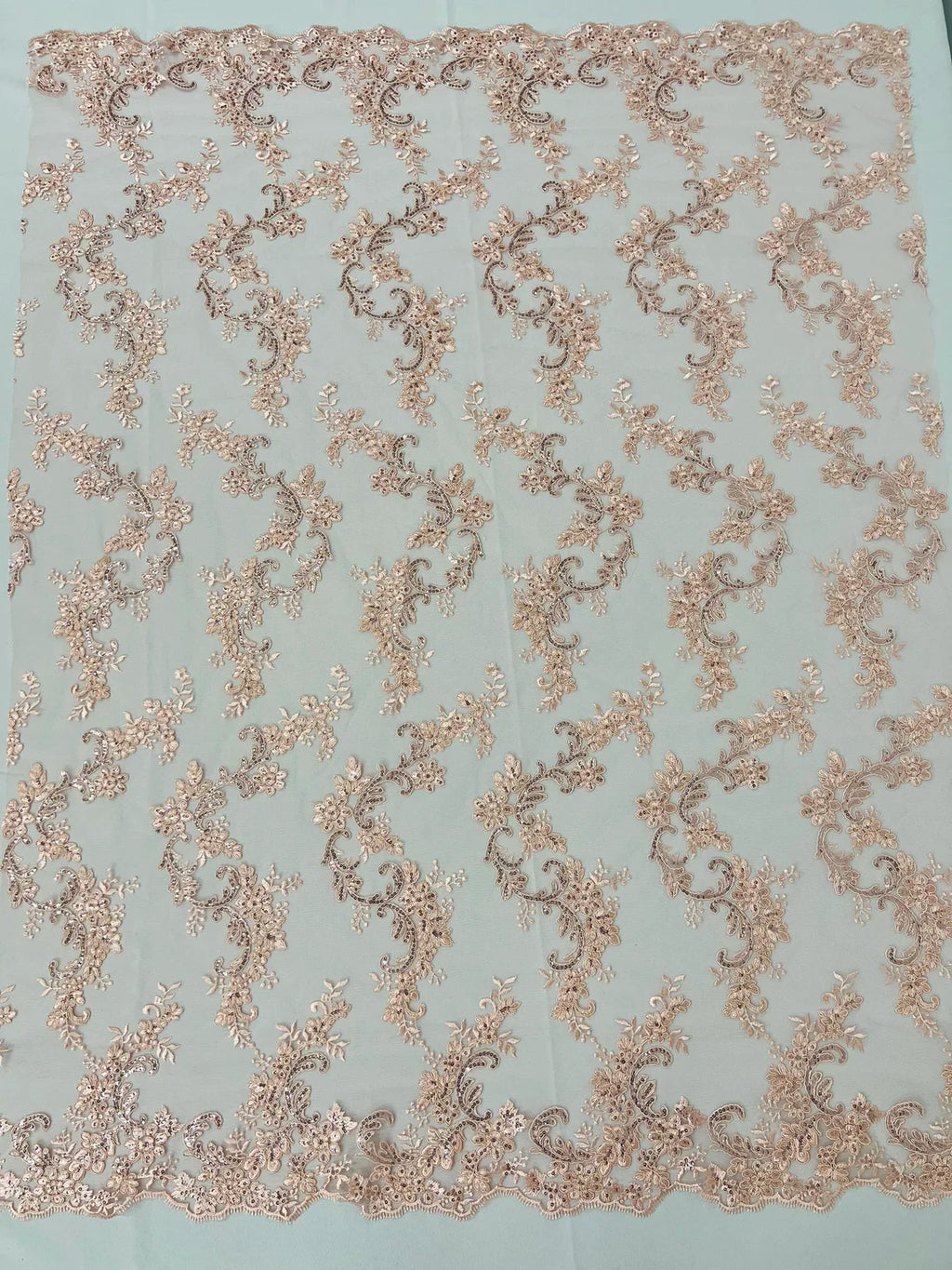 Floral Lace Fabric - Blush - Embroidered Flower Clusters with Sequins on a Mesh Lace By Yard