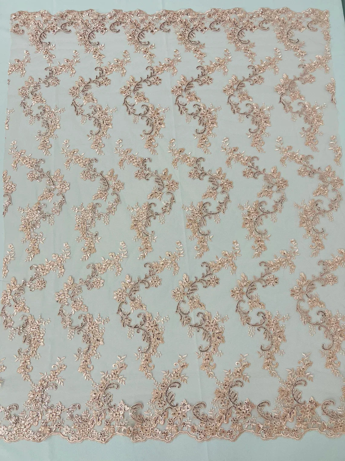 Floral Lace Fabric - Blush - Embroidered Flower Clusters with Sequins on a Mesh Lace By Yard