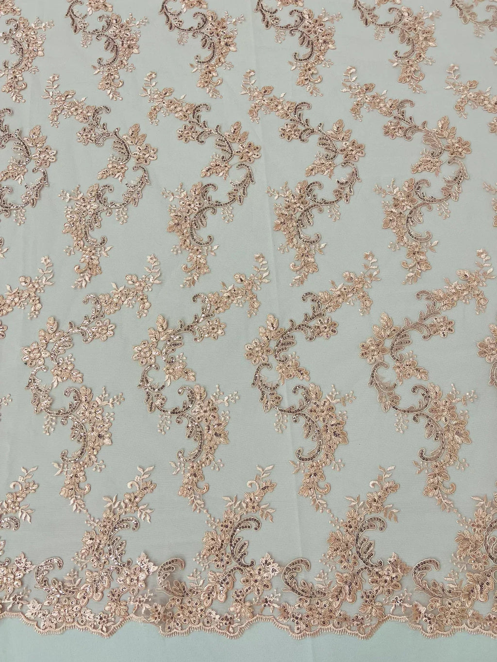 Floral Lace Fabric - Blush - Embroidered Flower Clusters with Sequins on a Mesh Lace By Yard