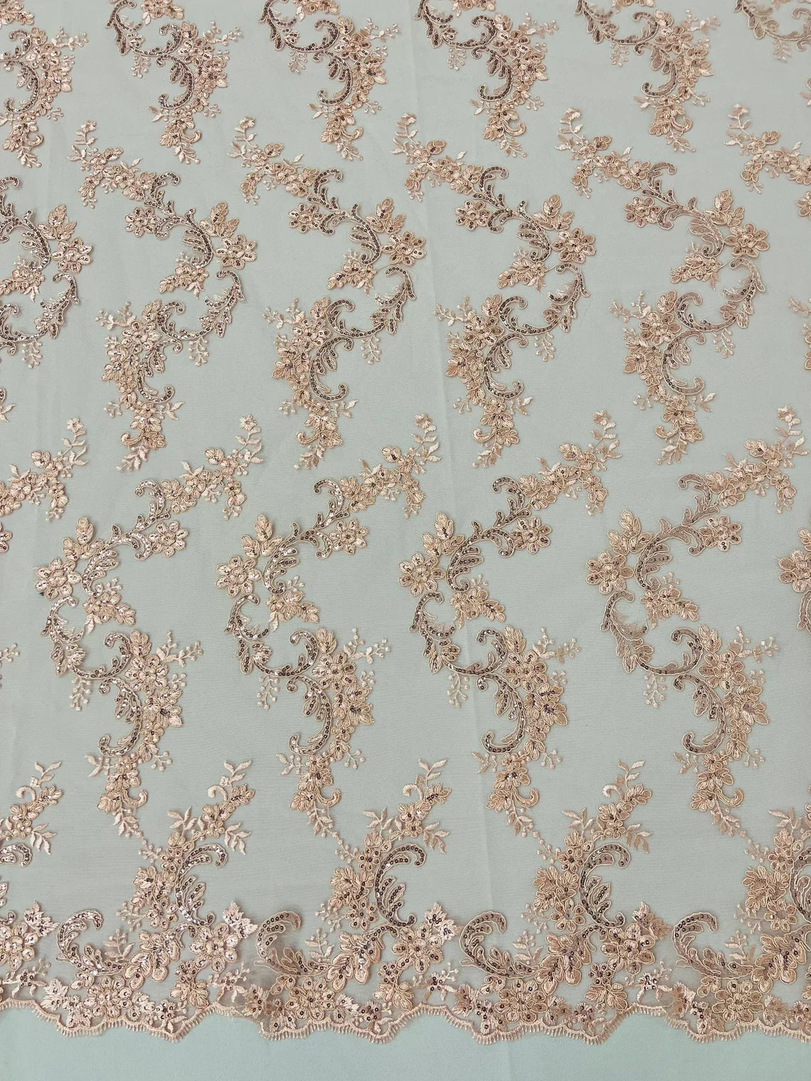 Floral Lace Fabric - Blush - Embroidered Flower Clusters with Sequins on a Mesh Lace By Yard
