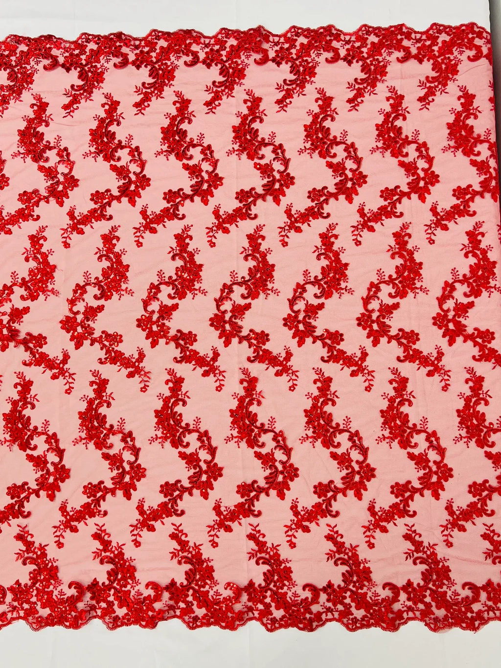 Floral Lace Fabric - Red - Embroidered Flower Clusters with Sequins on a Mesh Lace By Yard