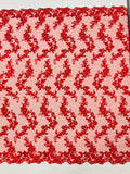 Floral Lace Fabric - Red - Embroidered Flower Clusters with Sequins on a Mesh Lace By Yard